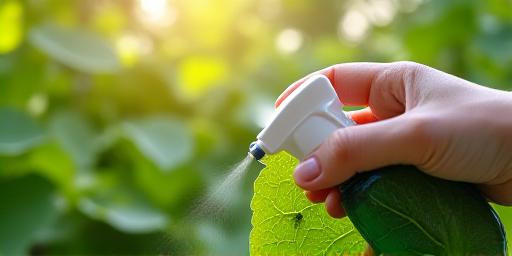A hand gently spraying natural pest control on a vibrant green leaf amidst a garden