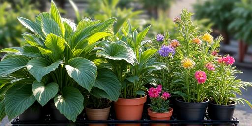 Nursery cart brimming with exotic, lush flora in diverse pots