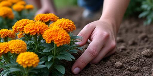 A gardener planting bright orange and yellow marigolds for an autumn display